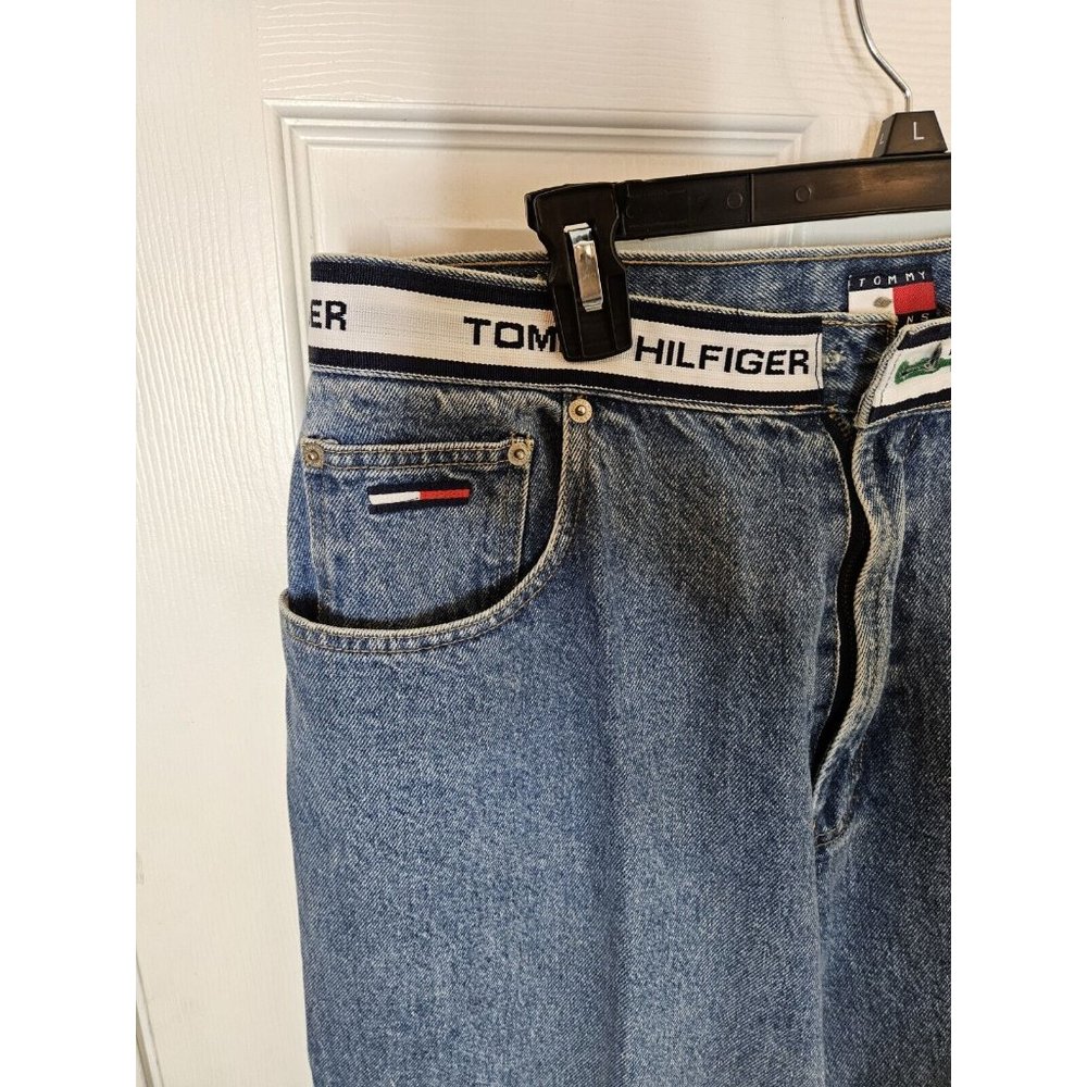 Vintage Tommy Hilfiger Jeans Mens 36x32 Blue Big Flag Straight Y2K Pants Baggy - Picture 6 of 12